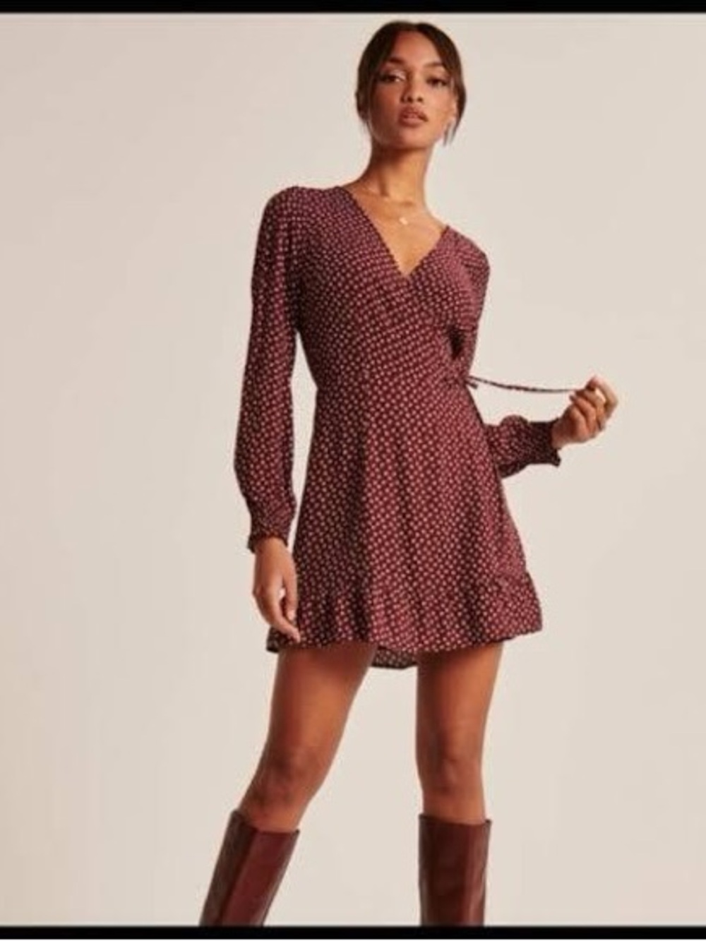 Abercrombie Burgundy Floral Long Sleeve Wrap Mini Dress Extra Small Tall (XST)